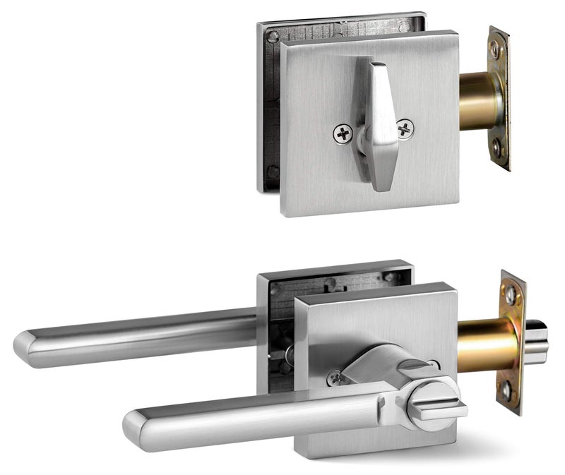 Berlin Modisch Entry Lever Door Handle and Single Cylinder Deadbolt Lock and Key Slim Square Locking Lever Handle Set [Front Door or Office] Right & Left Sided Doors Heavy Duty â€“ Satin Nickel Finish - Image 2